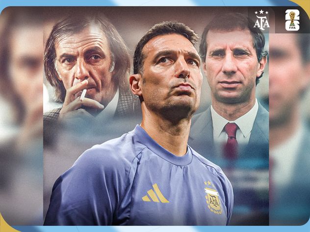 Los tres técnicos campeones del mundo con Argentina. Scaloni ya dirigió más partidos que Menotti y apunta a Bilardo.