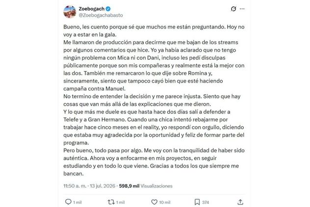 El descargo de Zoe Bogach tras enterarse que la desvincularon del stream de Telefe.