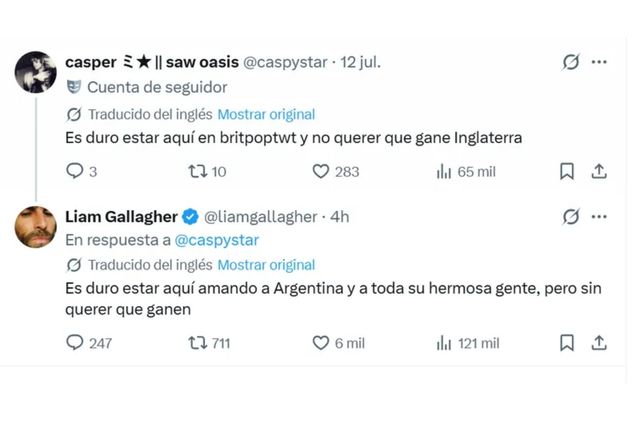 Los tuits de Liam Gallagher sobre el partido de Argentina contra Inglaterra el próximo miércoles.