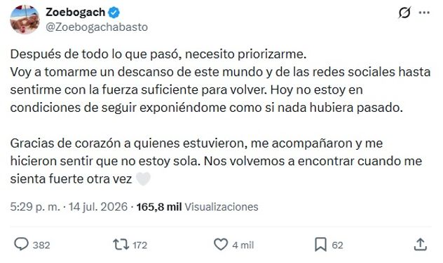 Zoe dijo que se alejaría un tiempo de las redes tras la polémica con Telefe