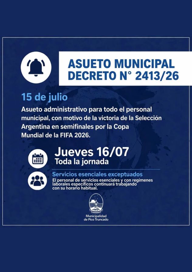 Pico Truncado decretó asueto municipal para este jueves por el triunfo de la selección Argentina.