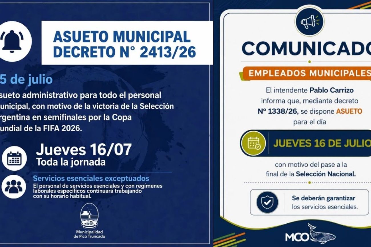 Pico Truncado y Caleta Olivia decretaron asueto municipal para este jueves por el triunfo de la selección Argentina. 