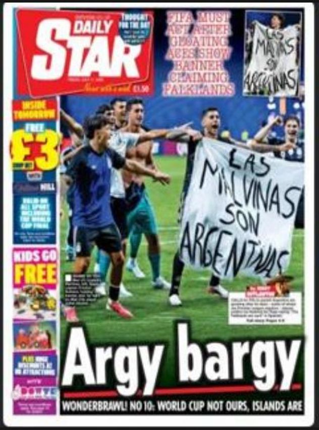 Las tapas de los medios británicos por la bandera que los jugadores argentinos mostraron en el partido contra Inglaterra. 