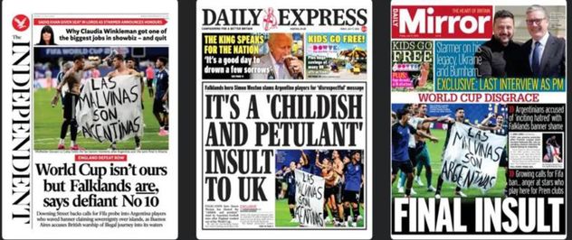La reacción de los medios británicos ante la bandera de "Las Malvinas son Argentinas", desplegada por los jugadores de la selección tras el partido contra Inglaterra. 