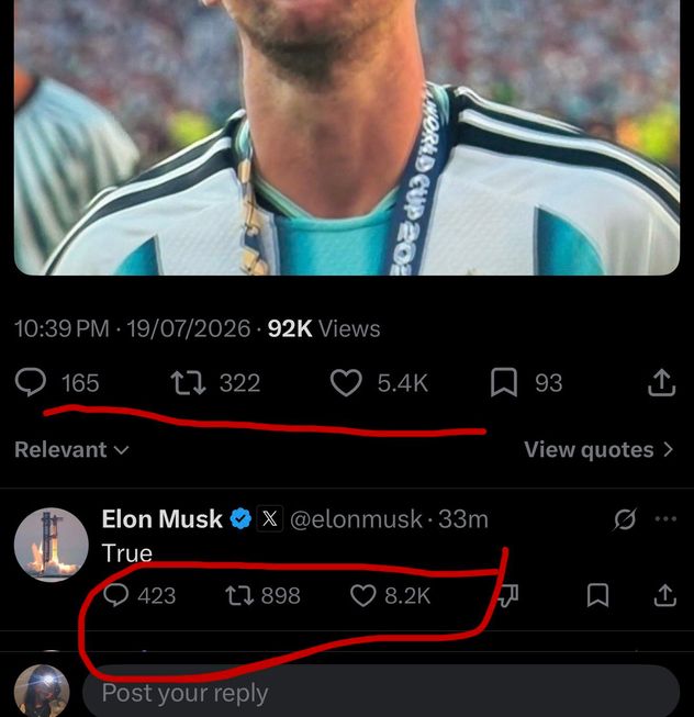 El posteo de un usuario de la red social X sobre Messi que fue respondido nada menos que por Elon Musk.