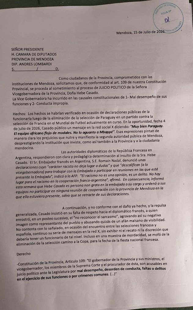Mendoza: piden juicio político para Hebe Casado tras sus dichos racistas contra la selección de Francia