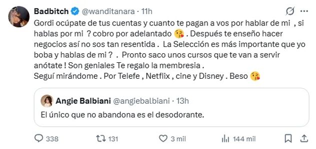 Wanda Nara le contestó a Angie Balbiani en X