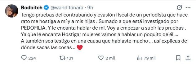 Wanda Nara, contra Gustavo Méndez en X.