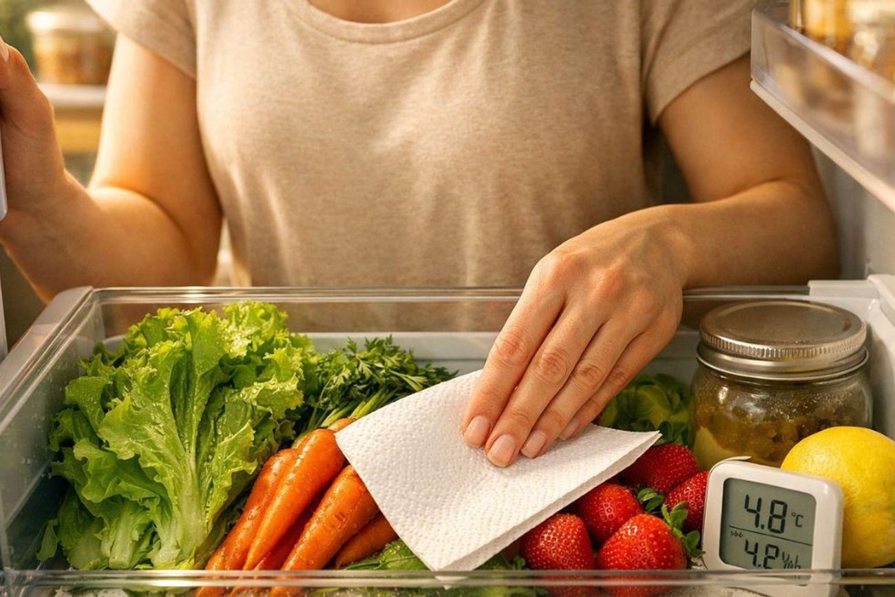 Colocar una hoja de papel absorbente en el cajón de frutas y verduras puede ayudar a controlar el exceso de humedad y prolongar la frescura de algunos alimentos.