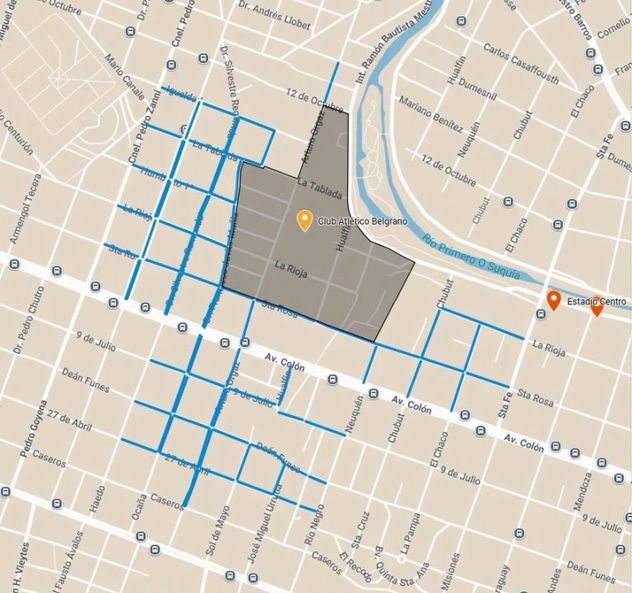 Las calles cercanas a la cancha de Belgrano donde se aplicará el sistema de estacionamiento medido. 