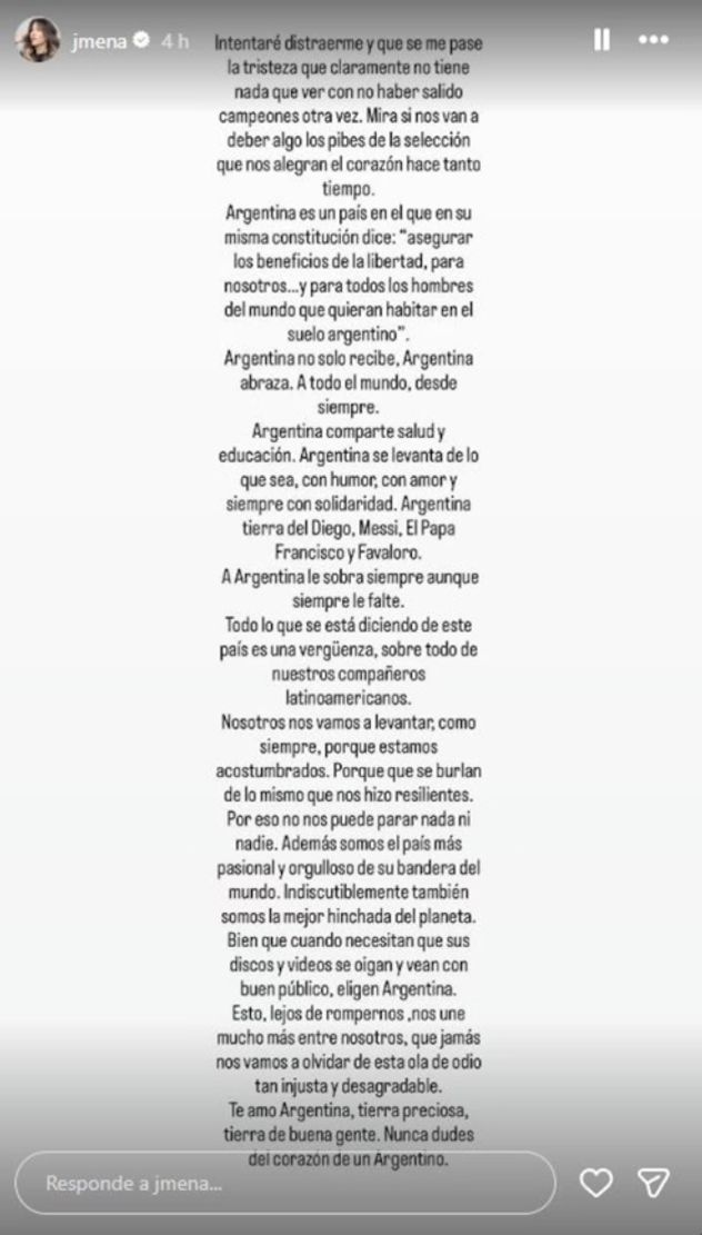 La historia que compartió Jimena Barón en defensa del país.