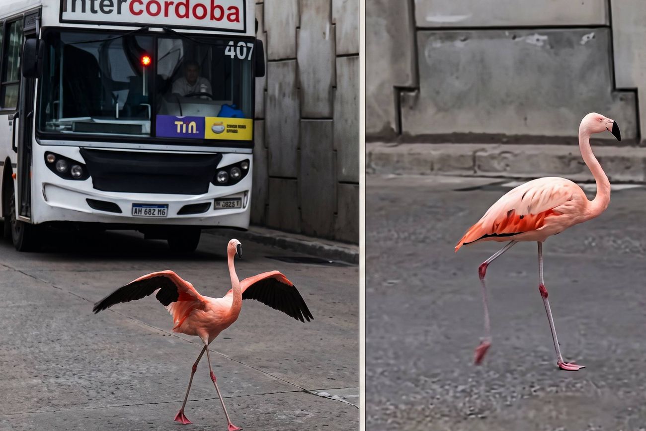Un flamenco apareció en la Terminal de Ómnibus de Córdoba. (Imagen de video mejorada con IA)