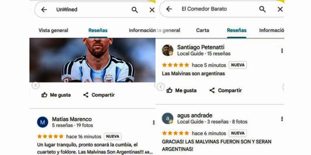 Reseñas de argentinos en comercios de las Islas Malvinas.