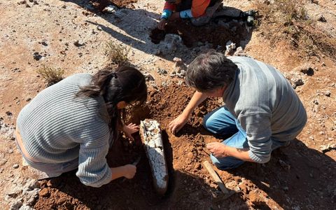 Fauna extinguida. Extracción de restos de un gliptodonte en la zona de Marull, ceca de la laguna Mar Chiquita. 