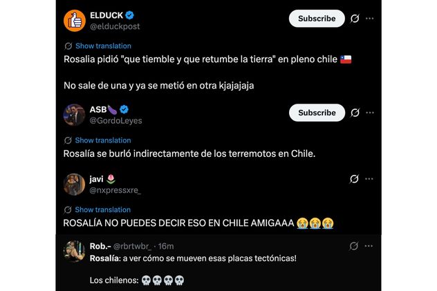 Algunos de los mensajes tras los dichos de Rosalía en Chile que se pueden leer en X.