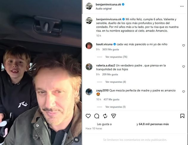 Benjamín Vicuña le dedicó unas tiernas palabras a Amancio por su cumpleaños y su otro hijo, Bautista, también sumó su saludo