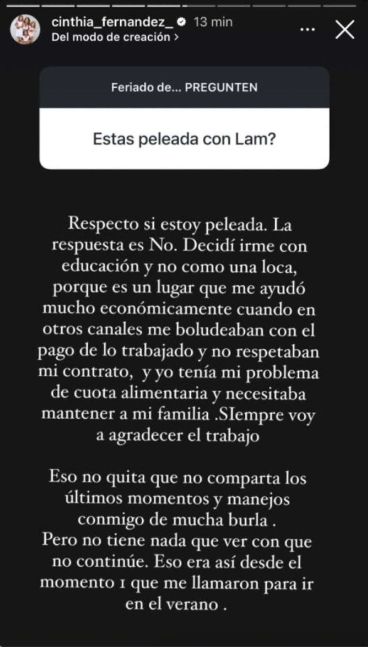 Cinthia Fernández rompió el silencio sobre su salida de LAM. (Foto: captura de pantalla)