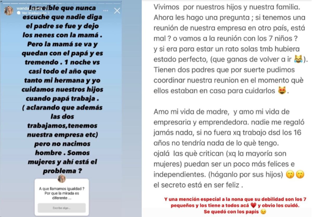 El descargo de Wanda y Zaira Nara tras las críticas por viajar sin sus hijos e hijas. (Instagram)