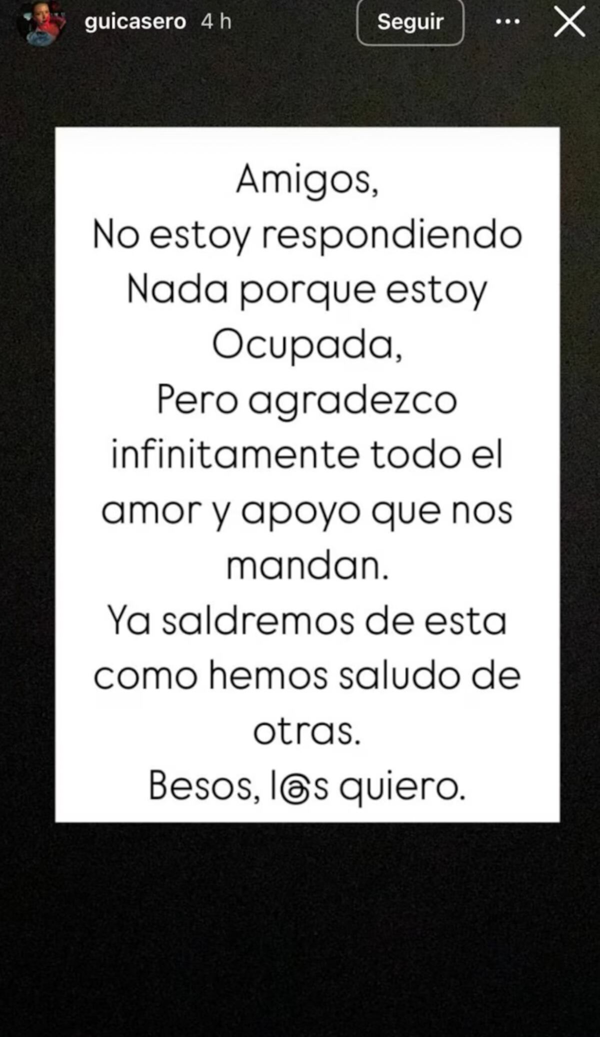 El comunicado de Guillermina Casero sobre la salud de su padre, Alfredo Casero. (Foto: captura de pantalla)
