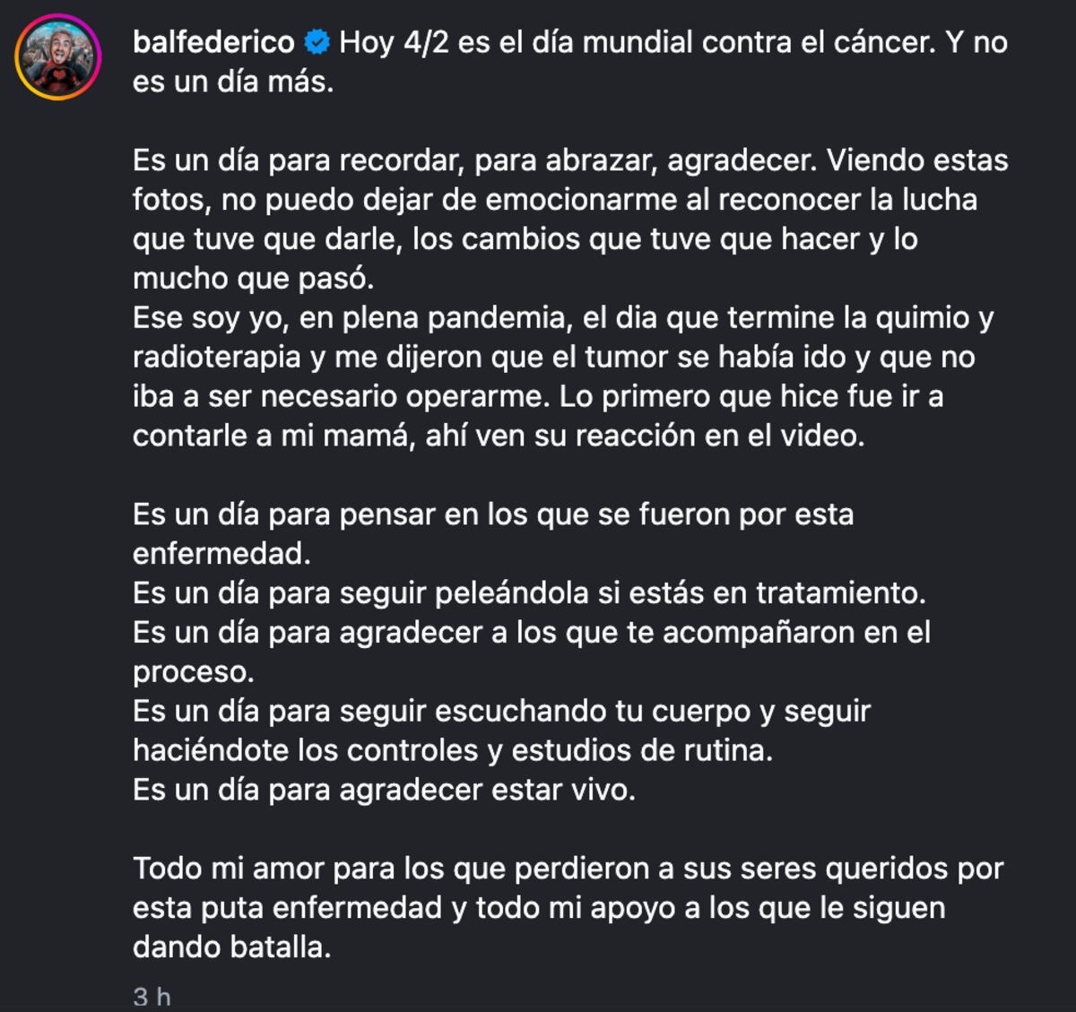 El texto que escribió Fede Bal para reflexionar sobre el Día mundial contra el cáncer. (Foto: Captura de pantalla)