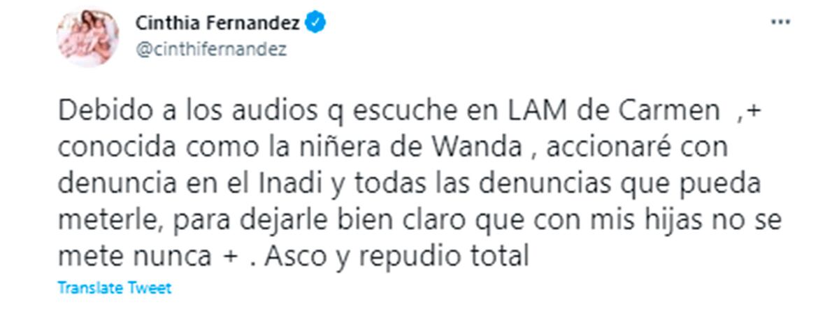 El tuit de Cinthia Fernández contra la exempleada de Wanda Nara que discriminó a sus hijas.