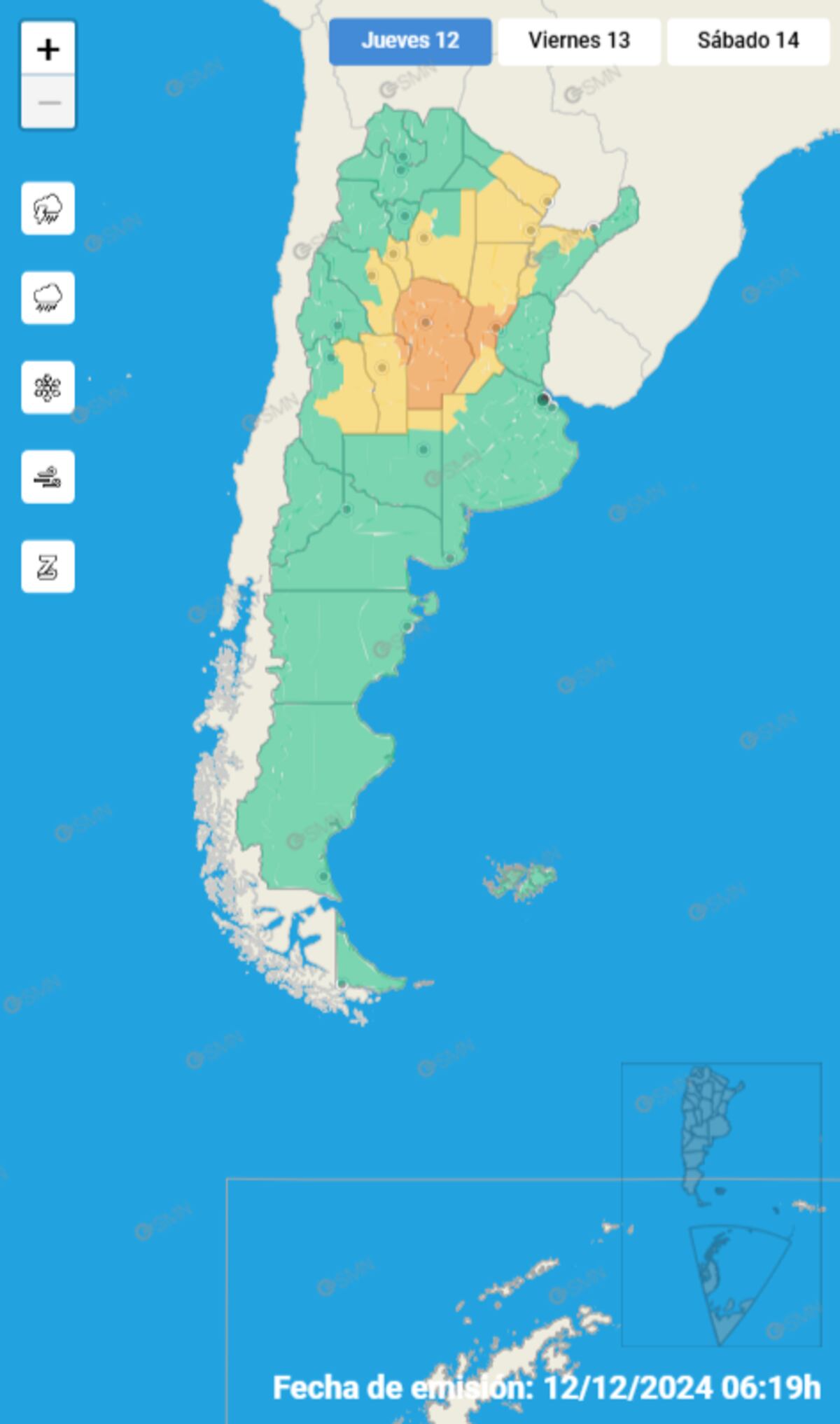 Calor. Alerta naranja para toda la provincia de Córdoba este jueves 12 de diciembre (SMN).