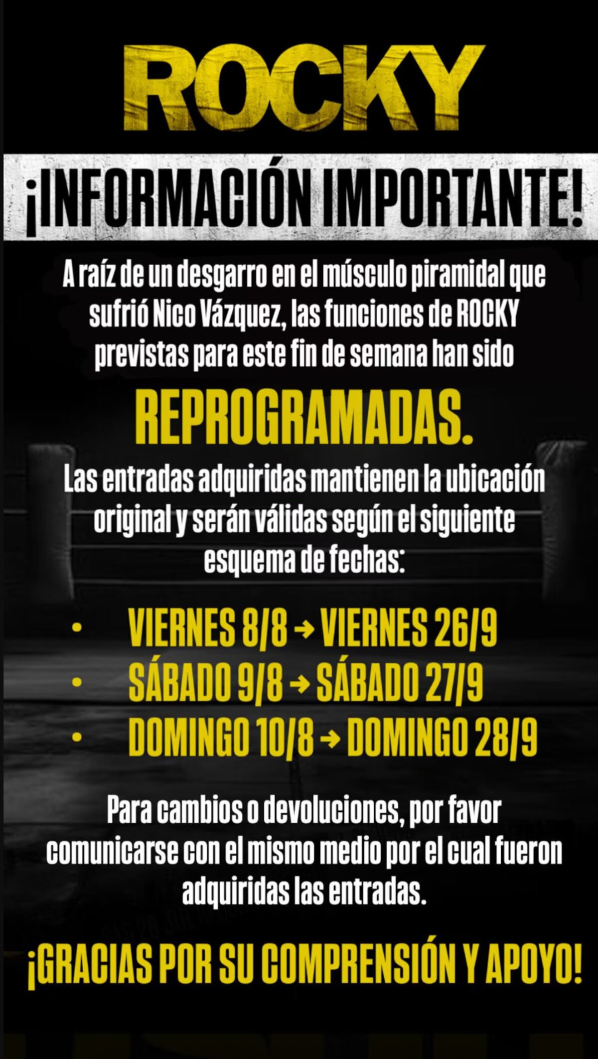 Las funciones de Rocky fueron reprogramadas porque Nicolás Vázquez sufrió un descargo. (Foto: Instagram)