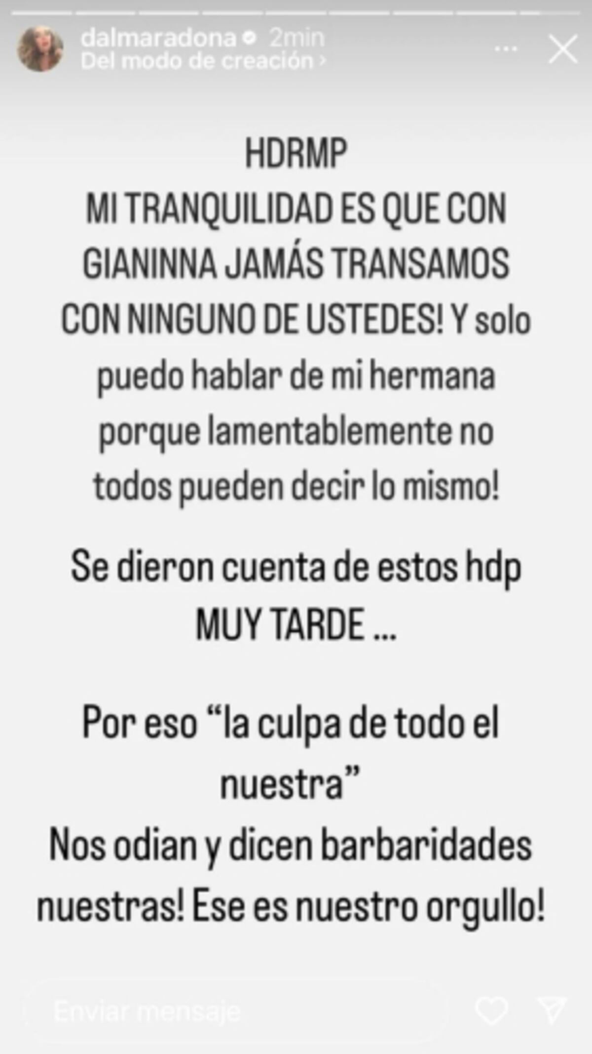Dalma Maradona y su descargo en redes. (Captura de Instagram)