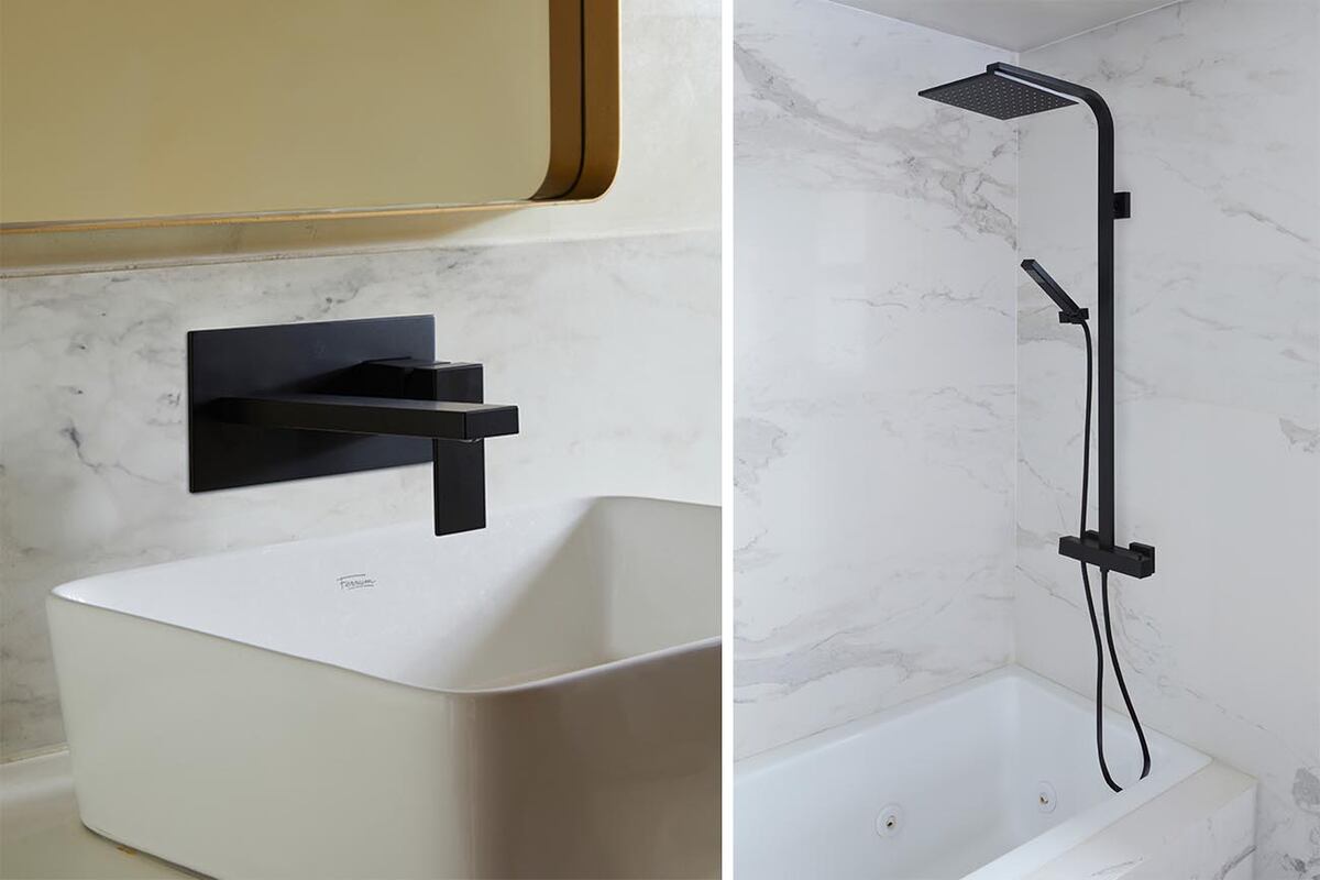 DOMINIC NEW. Monocomando que combina líneas rectas con bordes suaves y cortes. Una de sus particularidades es su boquilla oculta, de estética minimalista.