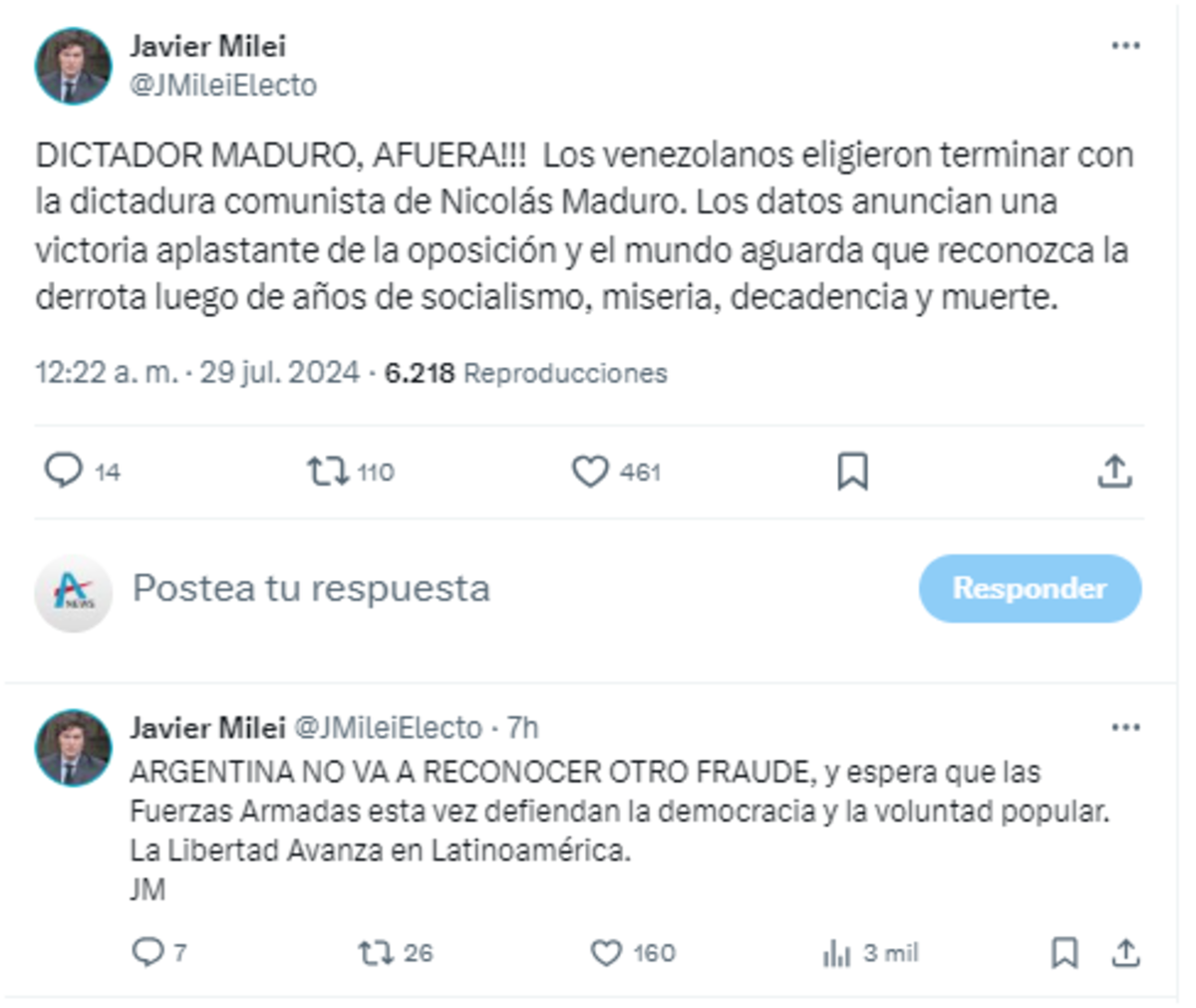 Javier Milei sobre Nicolás Maduro.