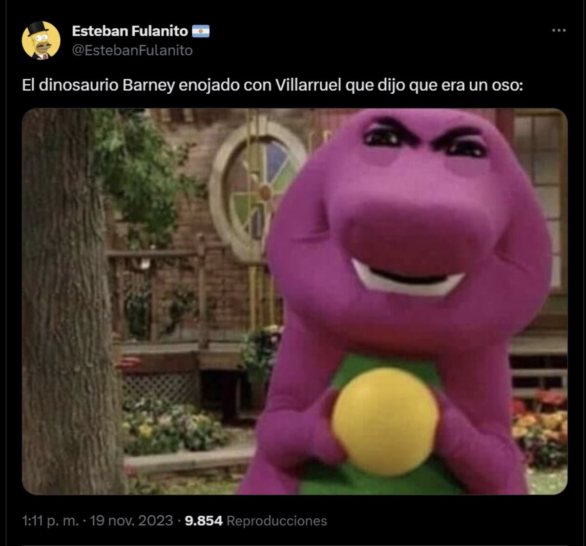 Barney se metió al balotaje 2023: los memes del dinosaurio infantil tras los dichos de Villaruel (Captura de pantalla)