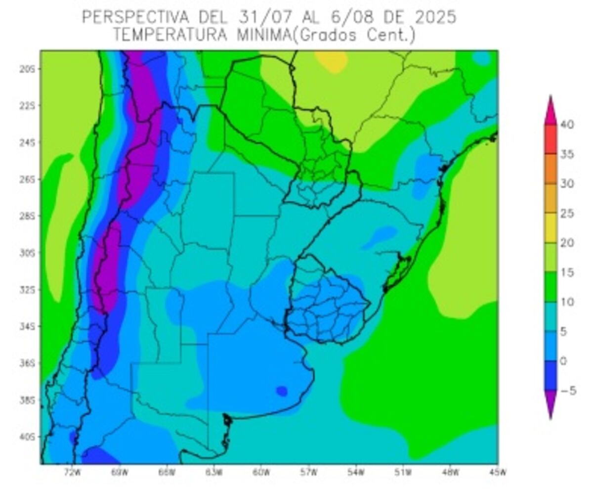 Temperatura mínima del 31/07 al 6/08 según un informe de la Bolsa de Cereales de Buenos Aires.