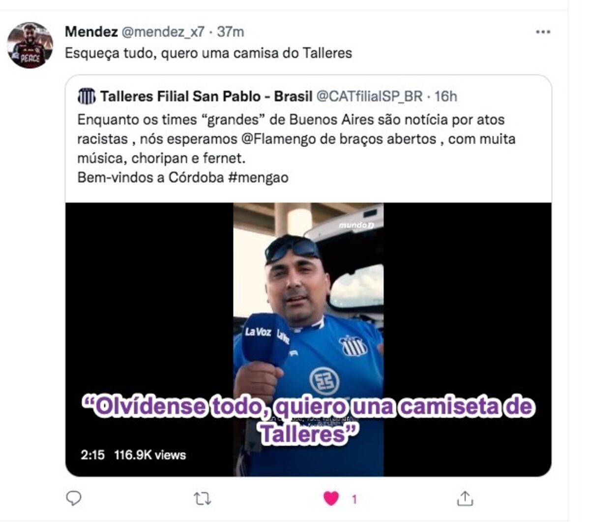 La hinchada de Flamengo elogiando a la de Talleres en redes sociales.