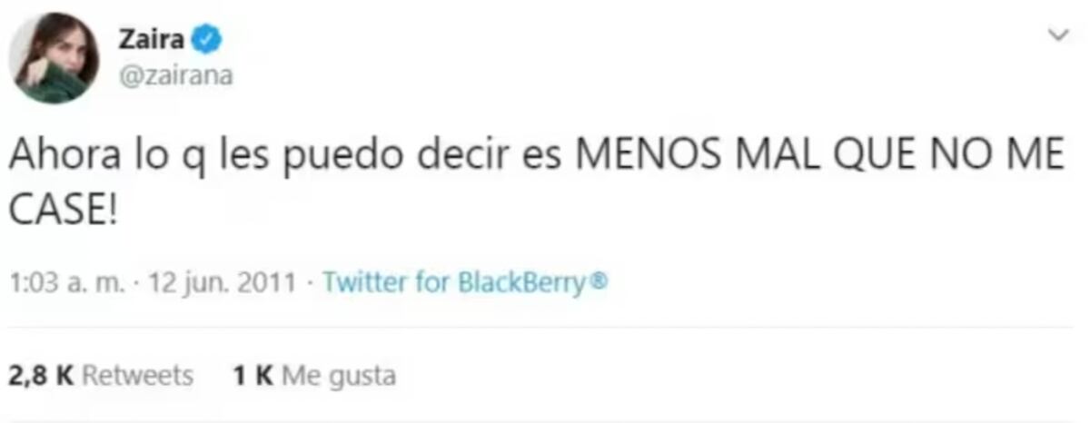 El icónico tuit de Zaira Nara cuando anunció que cancelaba su casamiento con Forlán. (Foto: Captura de pantalla)