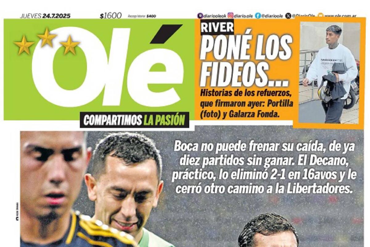 La tapa de Olé con el error de Portilla por Portillo (Gentileza)