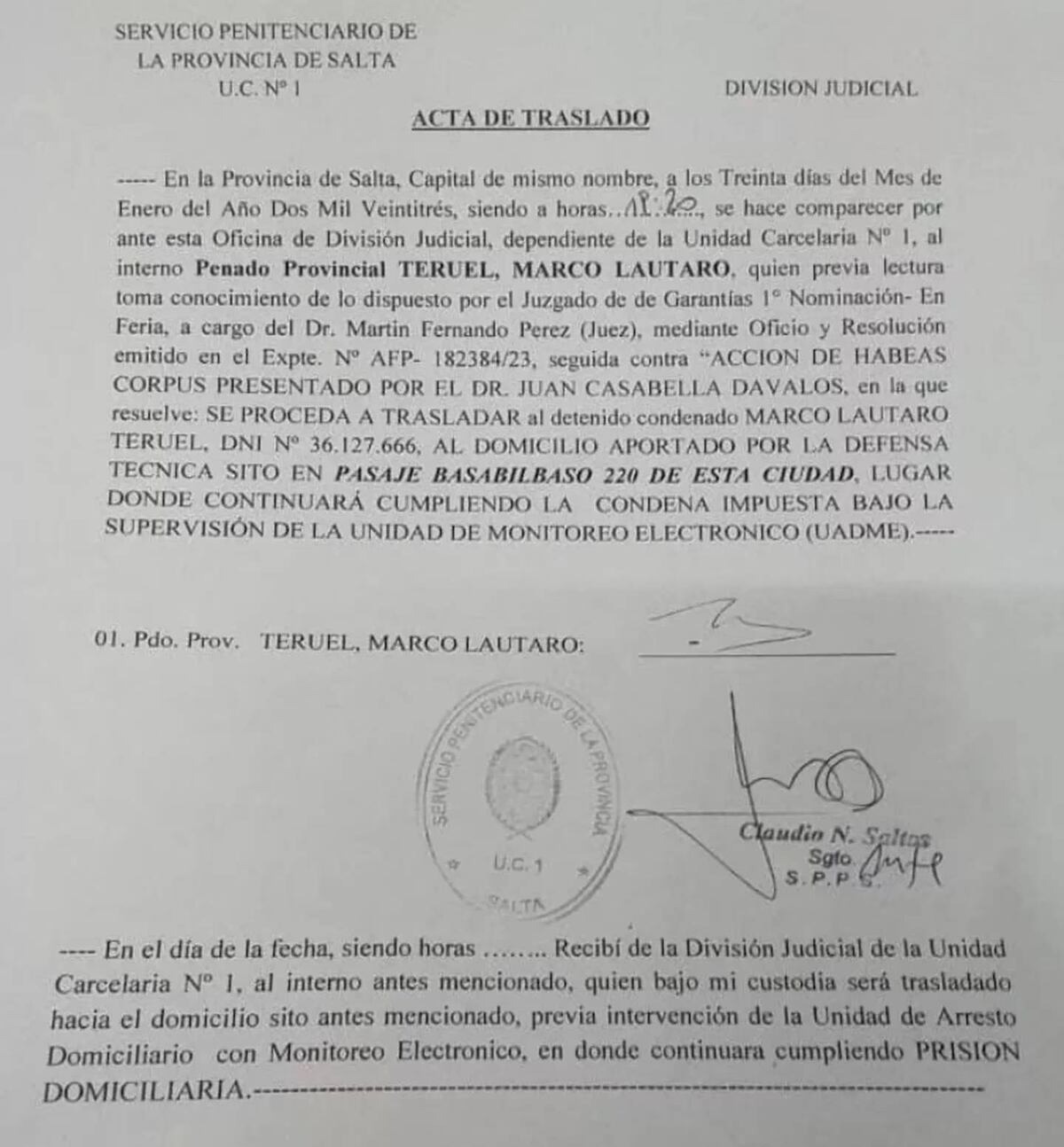 El acta de prisión domiciliaria para Teruel. (Foto: @DatasaSalta).