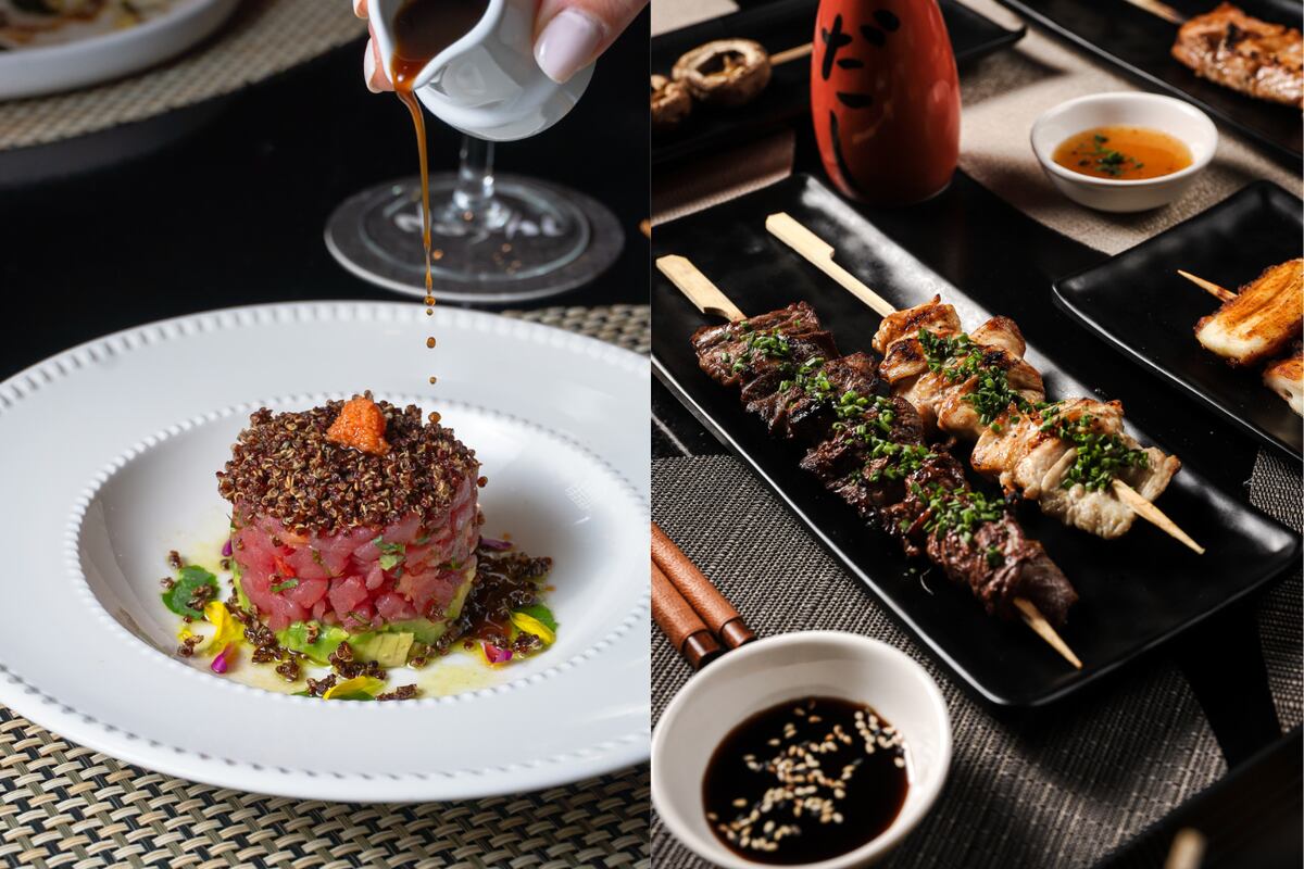 Tiradito de atún rojo con quinoa crocante y brochettes al estilo yakitori: platos que resumen la identidad nikkei de Dashi.