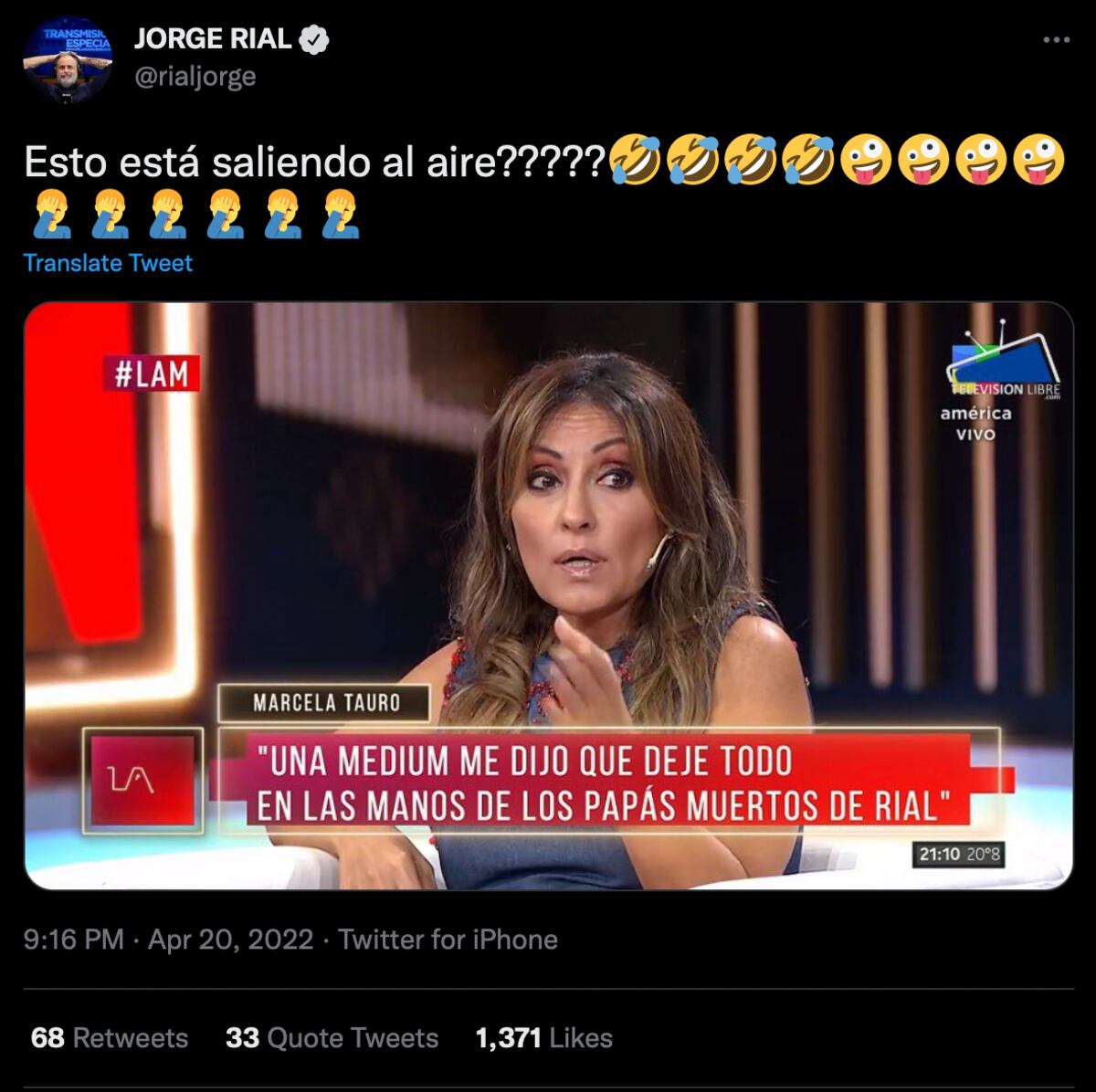 El tuit de Jorge Rial burlándose de Marcela Tauro.
