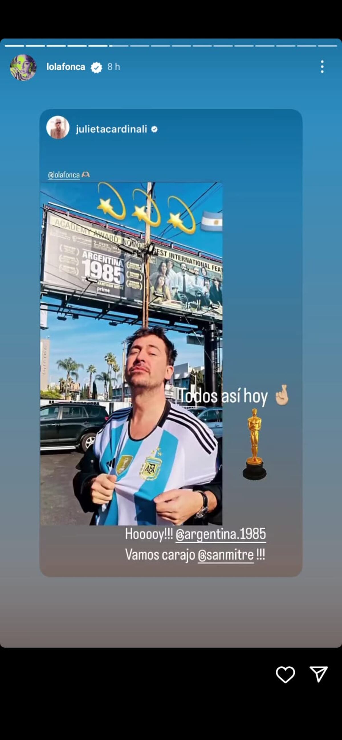 El mensaje de apoyo de los famosos para "Argentina, 1985". (Captura)