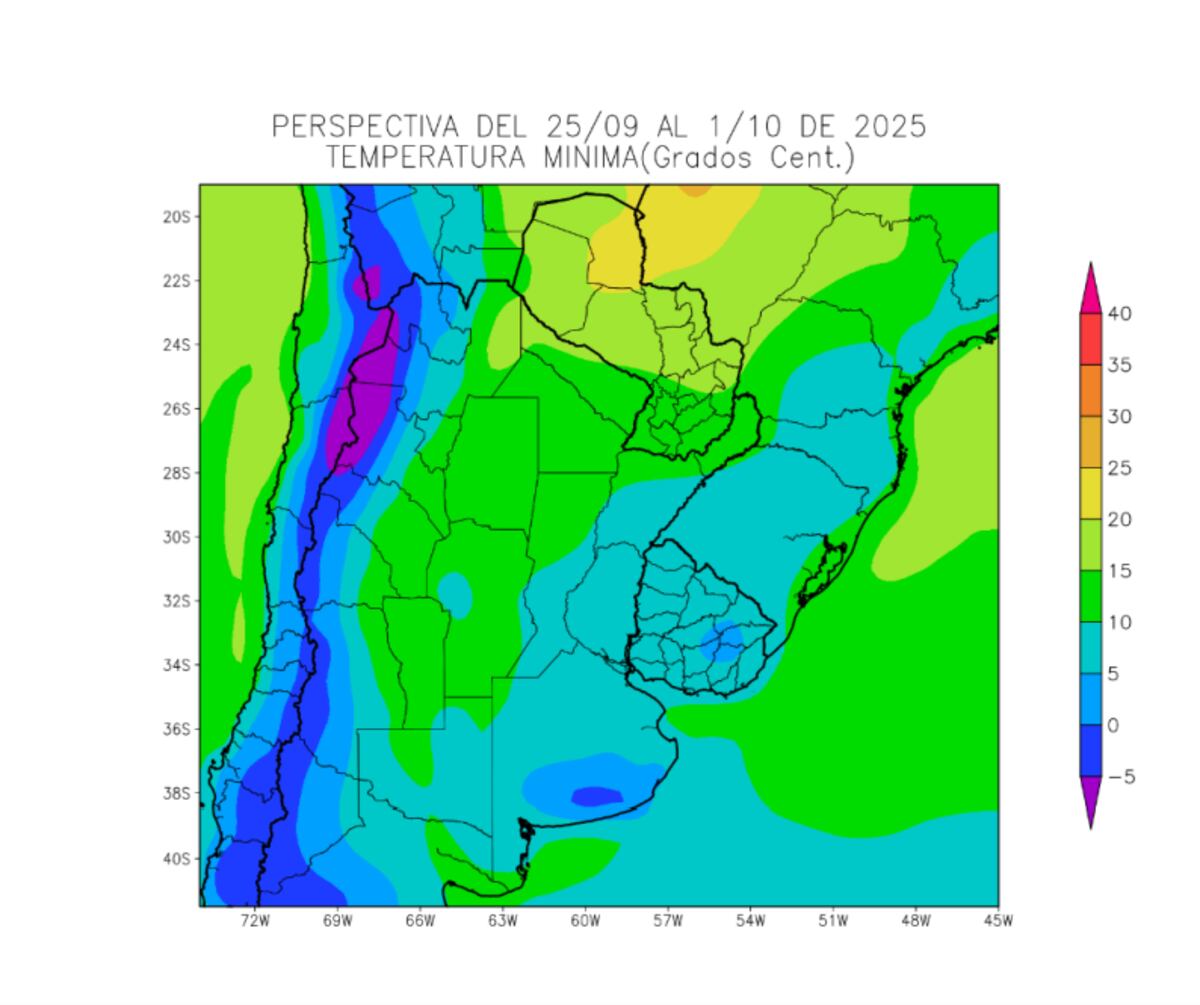 Perspectiva agroclimática: temperaturas mínimas durante el 25 de septiembre y el 1 de octubre. (Gentileza Bolsa de Cereales de Buenos Aires)