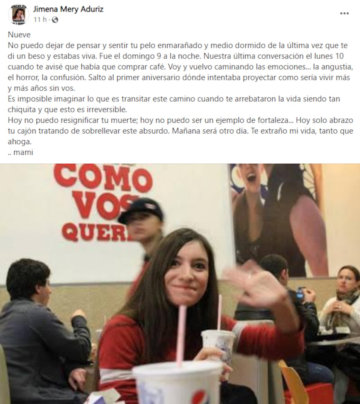 El posteo en Facebook de la mamá de Ángeles Rawson, a 9 años del crimen (Facebook).