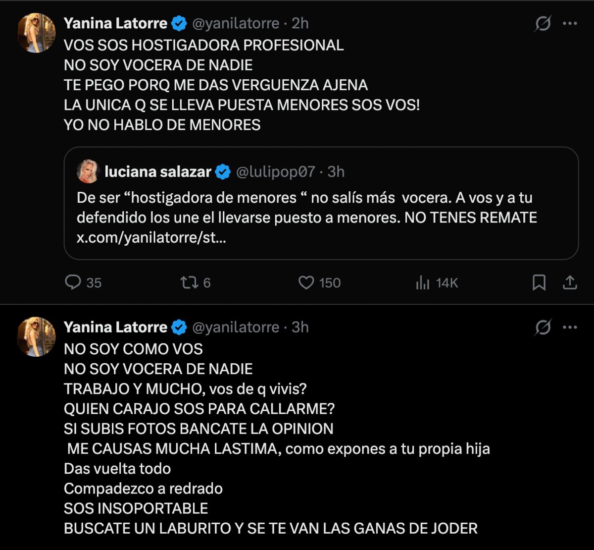 Luciana Salazar y Yanina Latorre tuvieron un áspero cruce en X (antes Twitter). Parte 3. (Foto: Captura de pantalla)