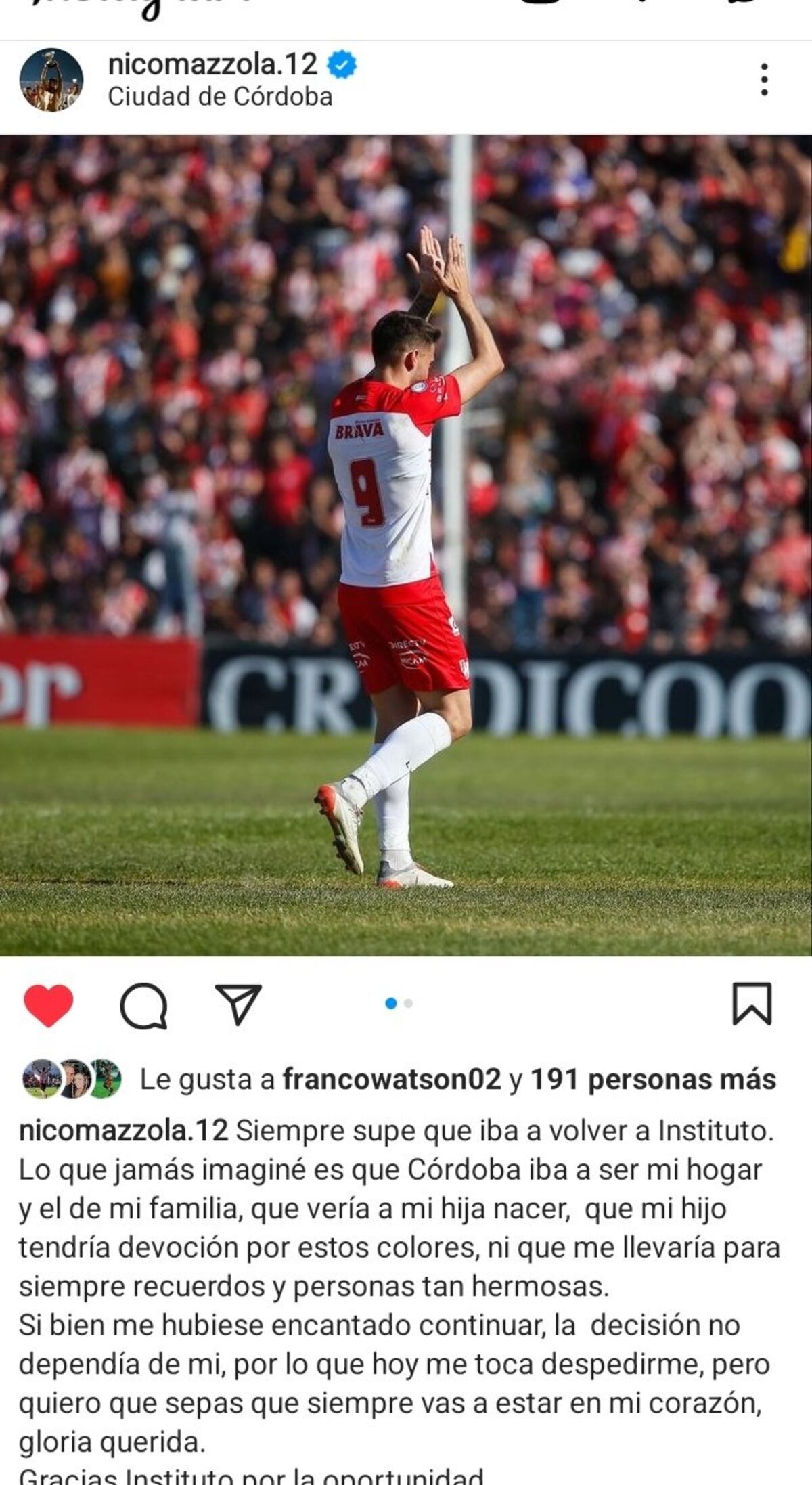Mazzola y su publicación en redes. (Captura).