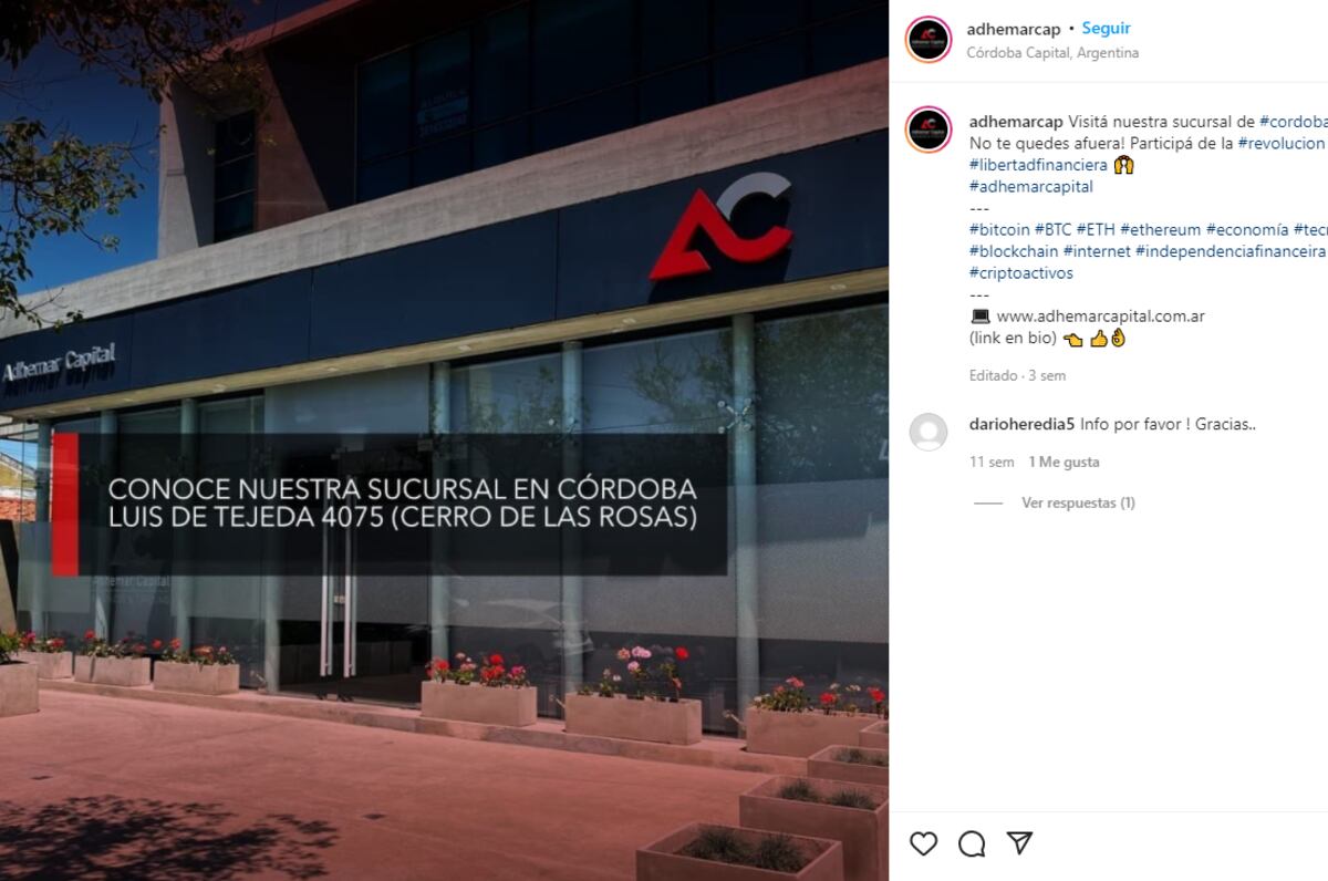 Publicación de Adhemar Capital, cuando inauguró sus oficinas en el Cerro de las Rosas, ciudad de Córdoba.
