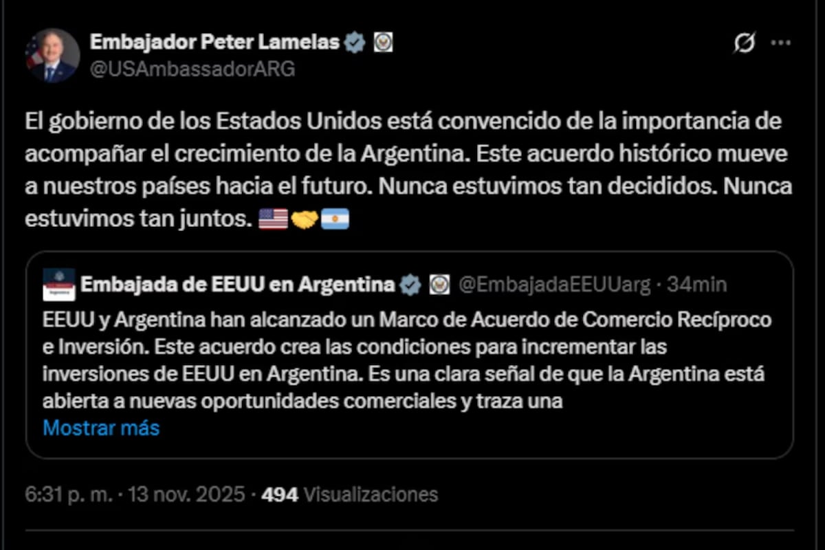 El embajador de Estados Unidos habló tras el acuerdo comercial con la Argentina: “Nunca estuvimos tan juntos”. (Captura)