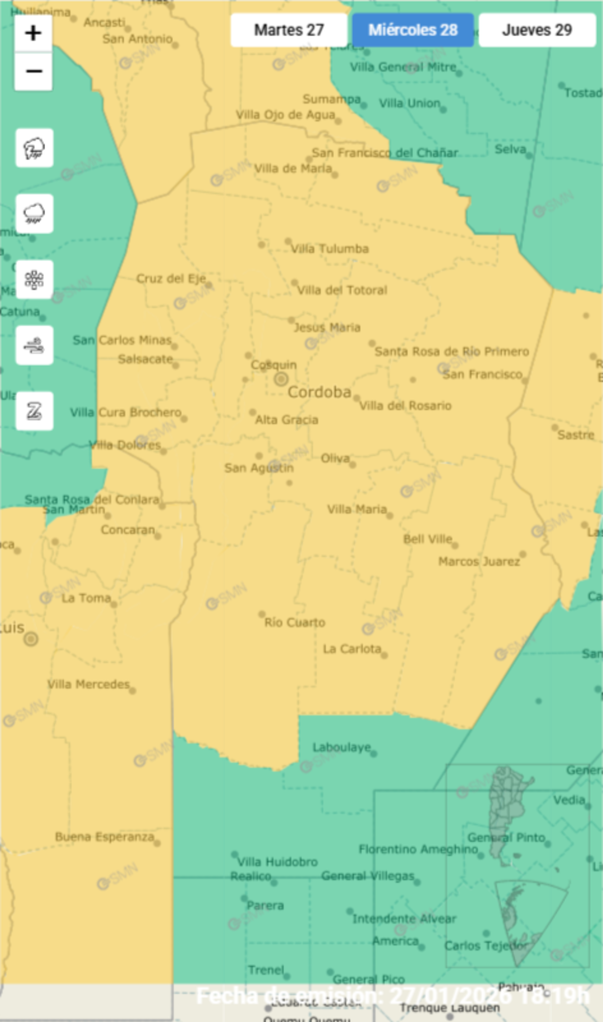 El SMN emitió este lunes por la tarde una alerta amarilla por tormentas para este miércoles. (SMN)