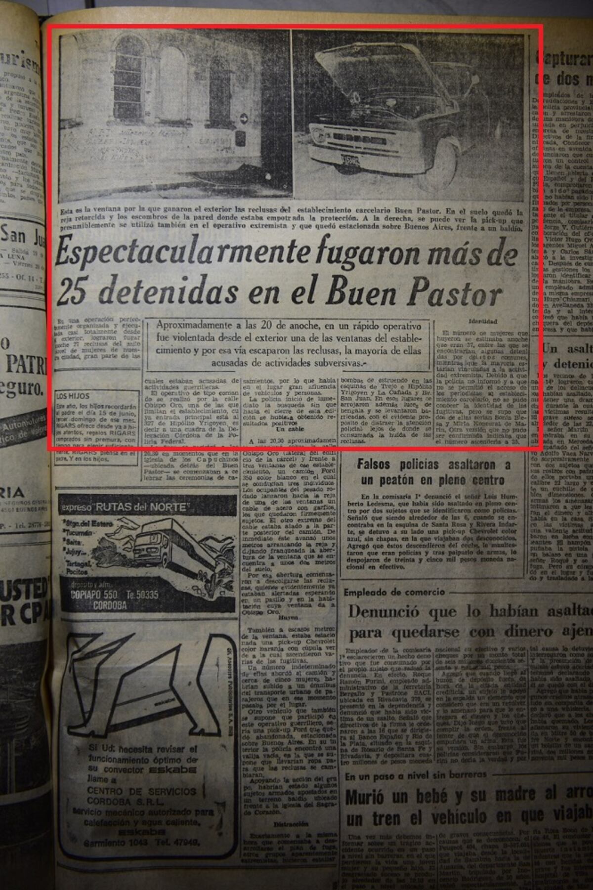 Ciudad de Córdoba. La noticia de La Voz sobre la fuga de presas políticas de la cárcel de mujeres, el domingo 25 de mayo de 1975 (Nicolás Bravo).