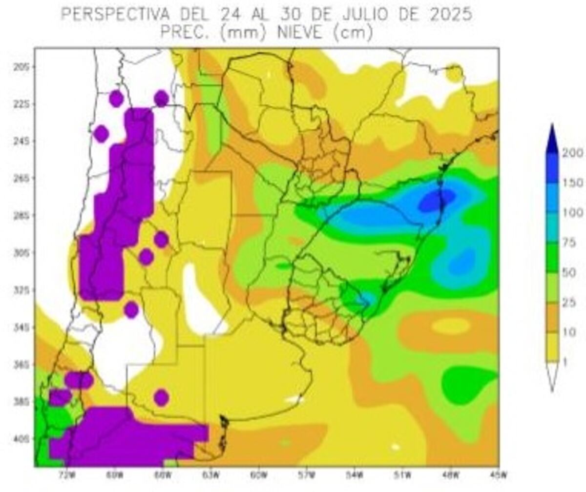 Perspectiva de precipitaciones del 24 al 30 de julio 2025 según un informe de la Bolsa de Cereales.