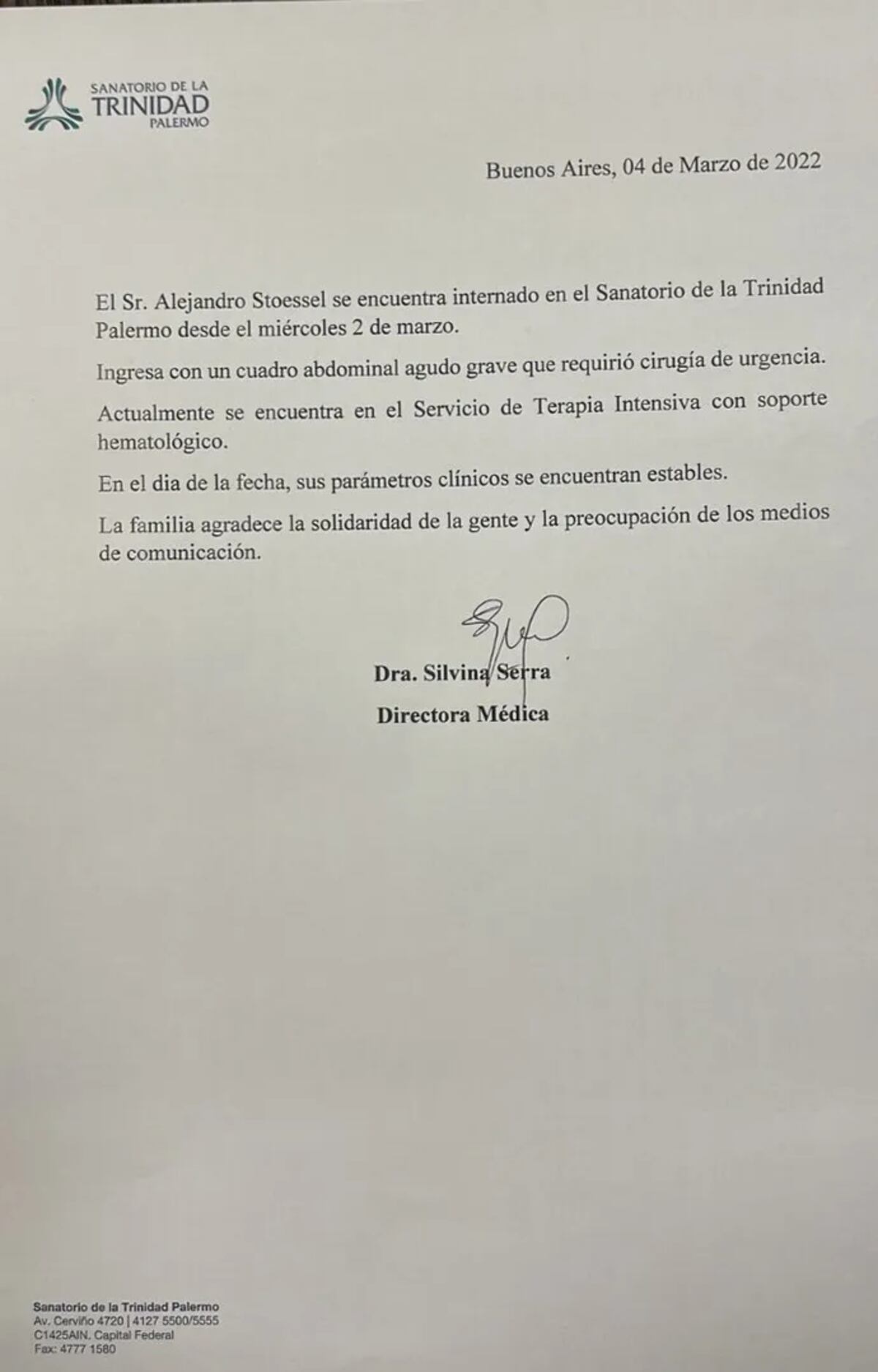 Parte médico Alejandro Stoessel (Captura de pantalla).