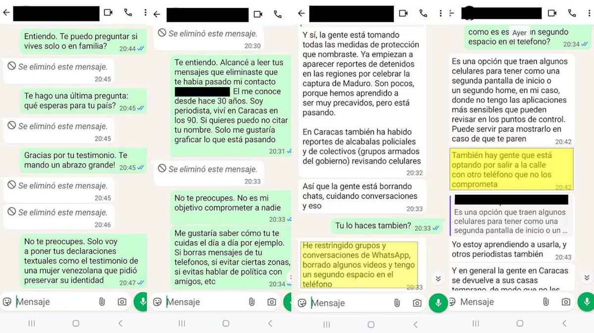 Algunos de los mensajes intercambiados entre un periodista de TN y dos caraqueñas. (Captura TN)